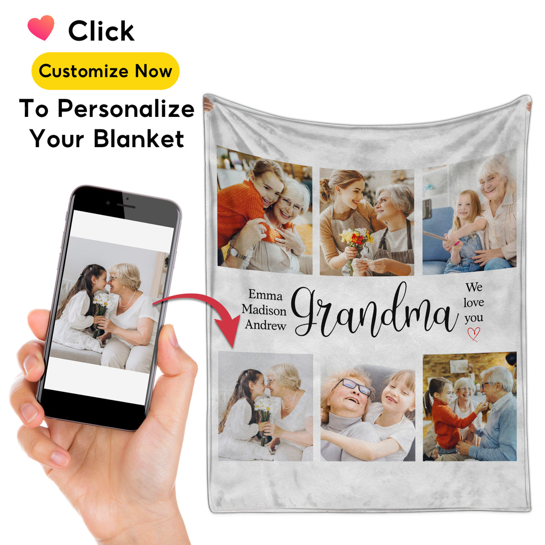 Custom Photo Collage Blanket, Personalized GiGi Blanket with Kids' Names and Pictures, Mother's Day Gift for Mom or Grandma