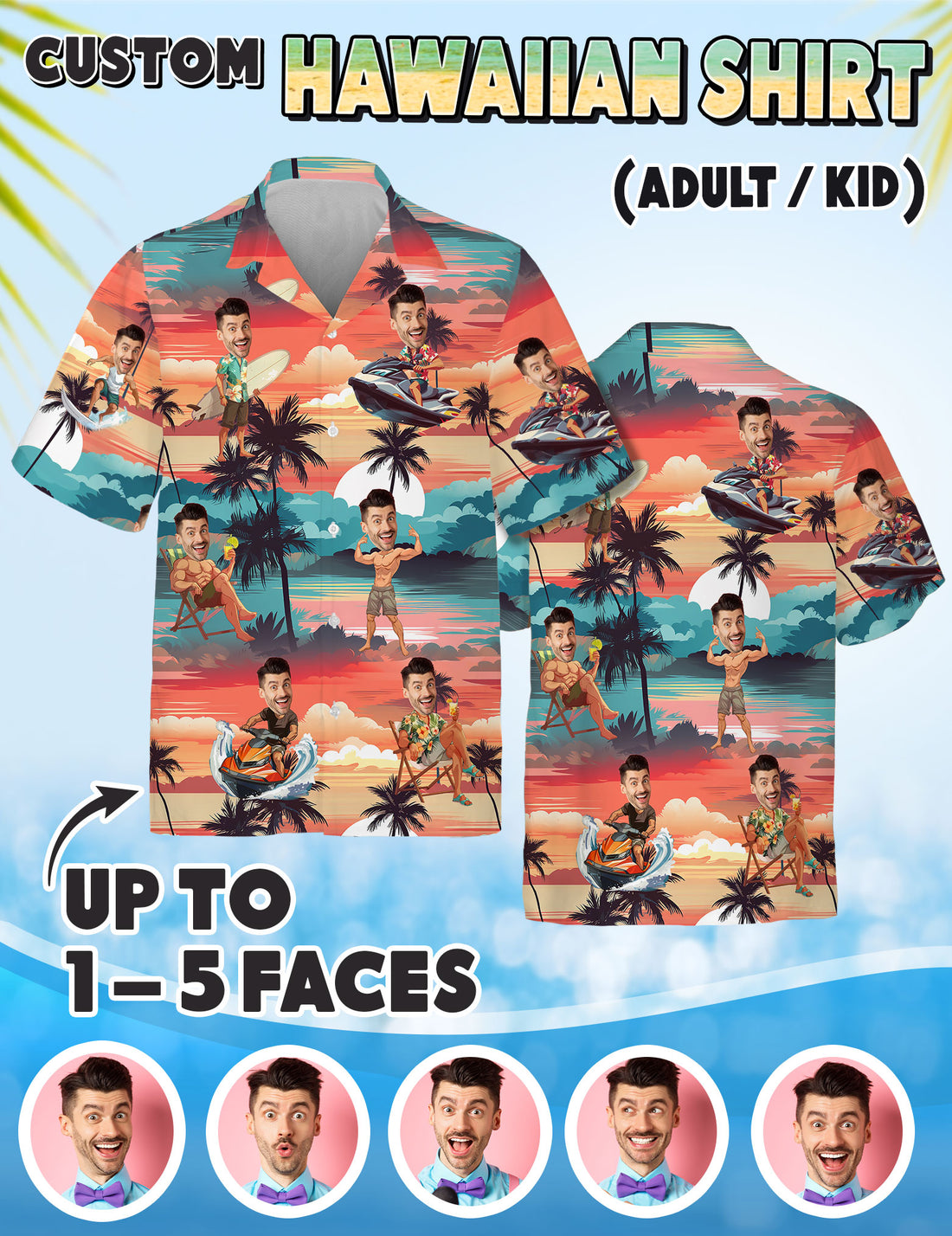Custom Beach Shirt with Face, Matching Shirts for Couples, Friends, or Family Reunions