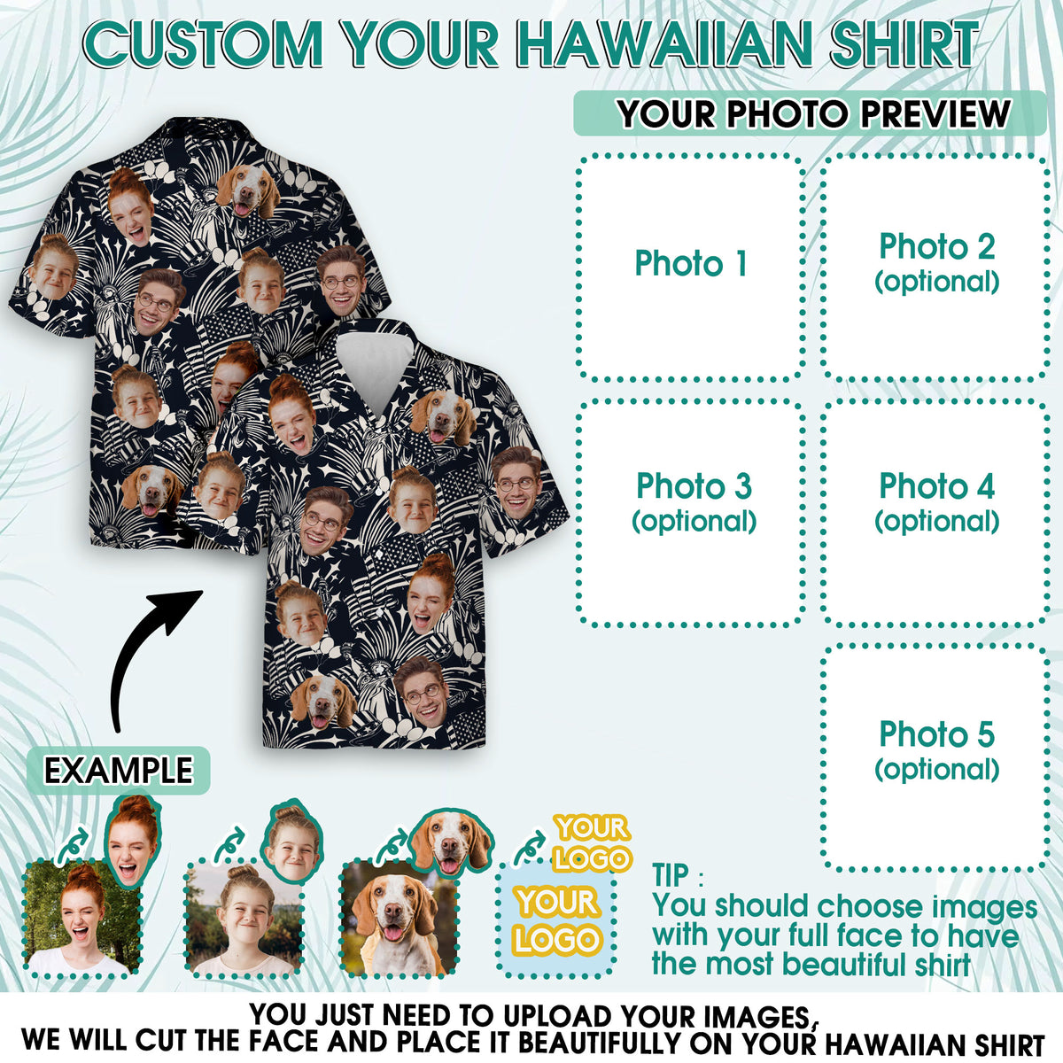 Custom Face Hawaiian Shirt, Personalized Patriotic Black & White Print Shirt for Men, Funny Gift for Dad, July 4th Celebration