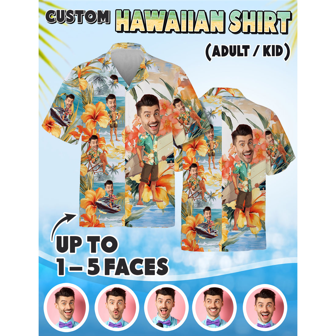 Custom Beach Shirt with Face, Matching Shirts for Couples, Best Friends, or Family Reunions