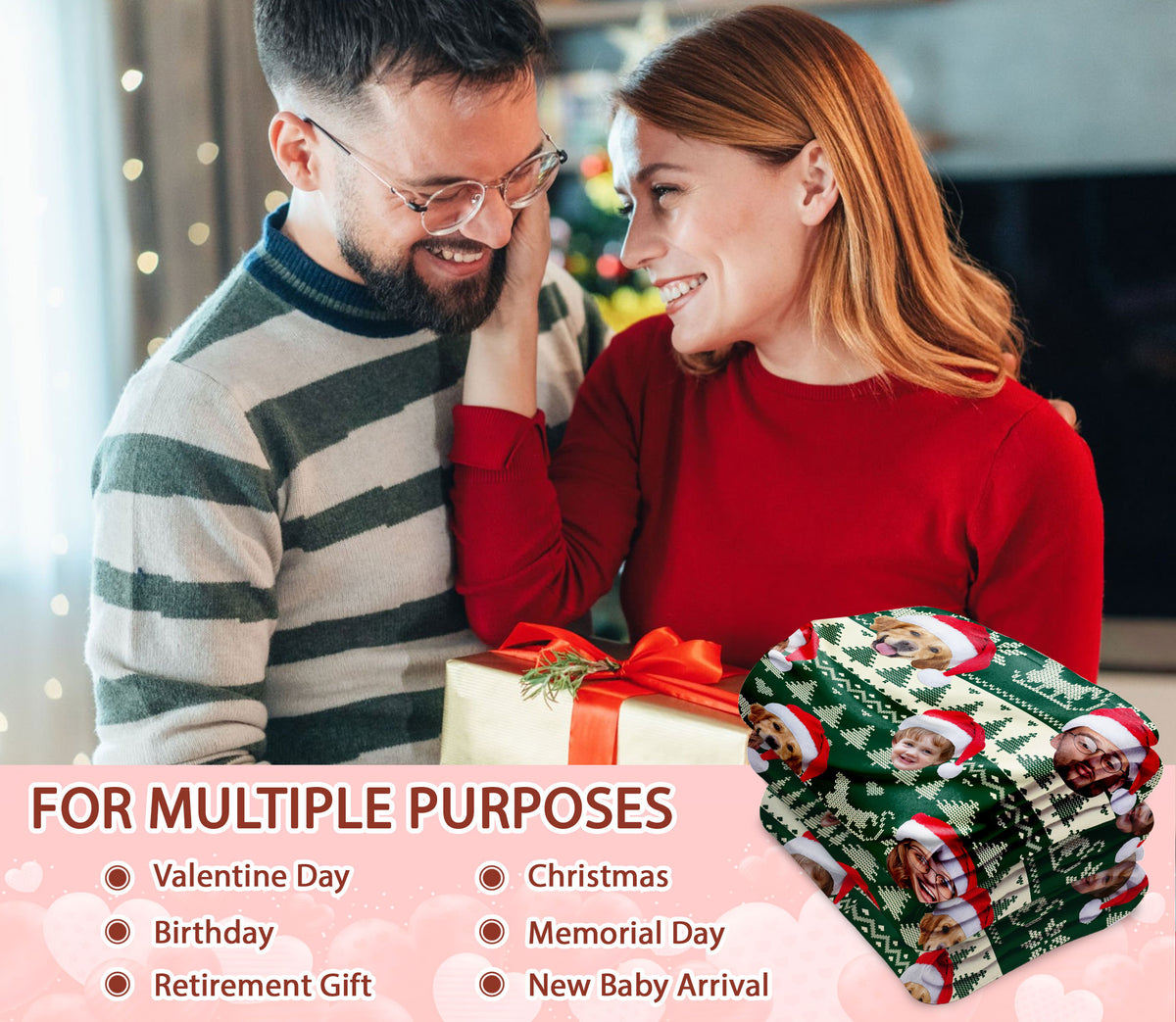 Custom Christmas Blanket with Face Photo, Personalized Face Picture Christmas Blanket, Xmas Gift for Holiday Season
