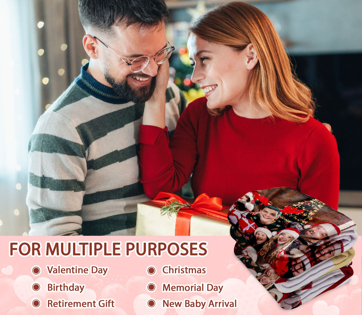 Customized Christmas Blanket with Photos Text, Personalized Blanket with Pictures Text Multi Background Colors, Custom Photo Christmas Blankets Gift for Couples, Family, Pet Lovers (1 Photo)