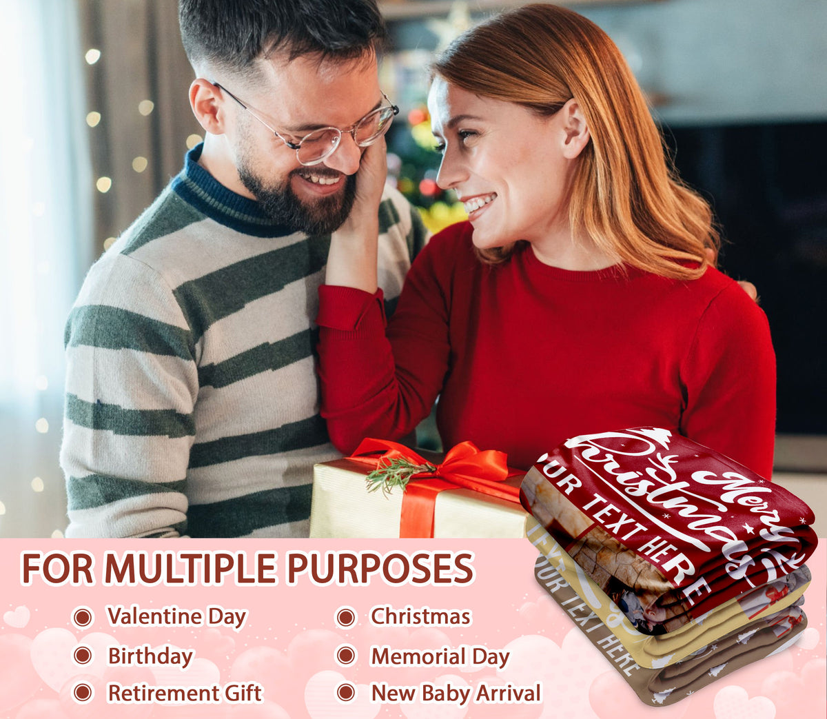 Customized Christmas Blanket with Photos Text, Custom Photo Blanket With Text Picture Collage Multi Background Colors, Customized Sherpa Fleece Picture Throw Blankets Gift For Christmas Thanksgiving (4 Photos)