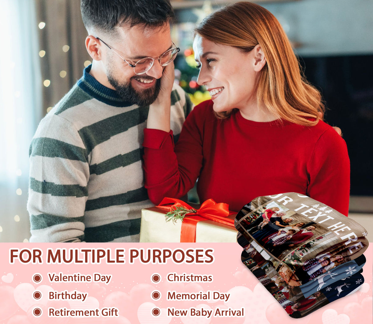 Customized Christmas Blanket with Photos Text, Personalized Photo Blanket with Text Multi Background Colors, Custom Photo Blankets Christmas Gifts For Mom Dad from Son Daughter on Holiday Season (9 Photos)