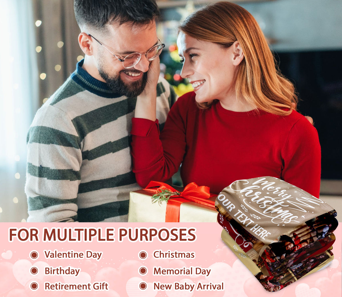 Customized Christmas Blanket with Photos Text, Personalized Picture Throw Blanket with Text Multi Background Colors, Custom Photo Blankets Gift For Couples Family Pet Lovers on Christmas Thanksgiving (10 Photos)