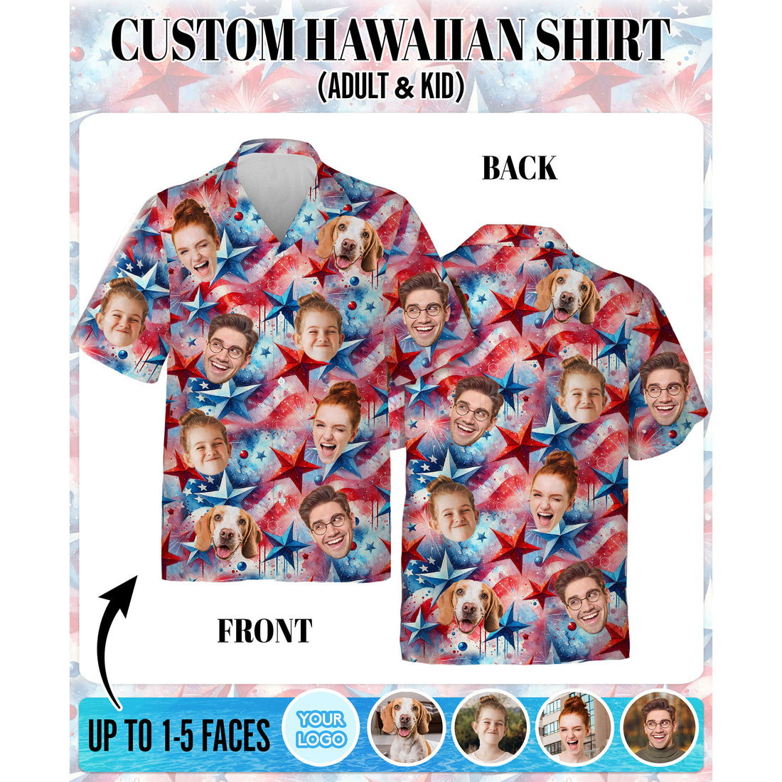 Custom Face Hawaiian Shirt, Personalized Red White Blue Star Shirt for Men, Fun Summer Gift, A Unique Gift for Dad or Husband on Father’s Day or Vacation