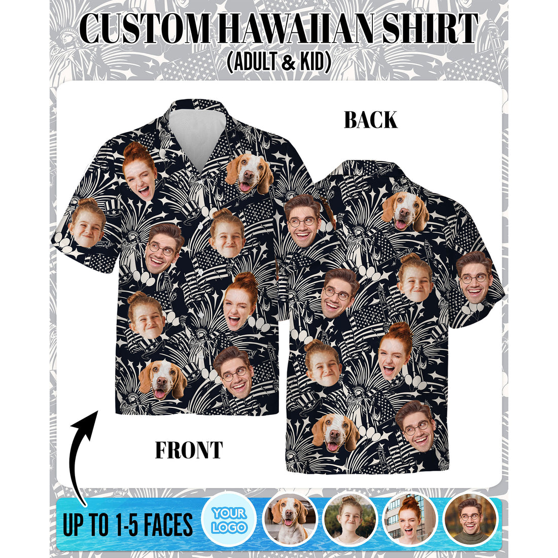 Custom Face Hawaiian Shirt, Personalized Patriotic Black & White Print Shirt for Men, Funny Gift for Dad, July 4th Celebration