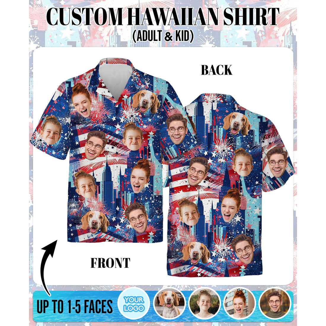 Custom Face Hawaiian Shirt, Personalized Firework City Skyline Shirt for Men, Independence Day Gift, Memorial Day Shirt