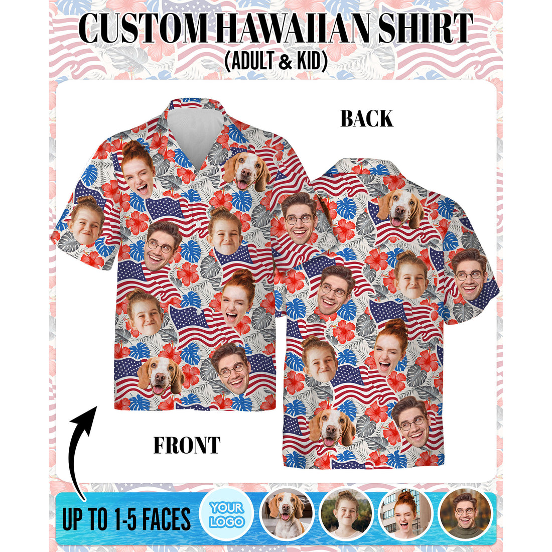 Custom Face Hawaiian Shirt, Personalized USA Flag Hibiscus Floral Shirt, 4th of July Gift for Husband, Fun Summer Shirt