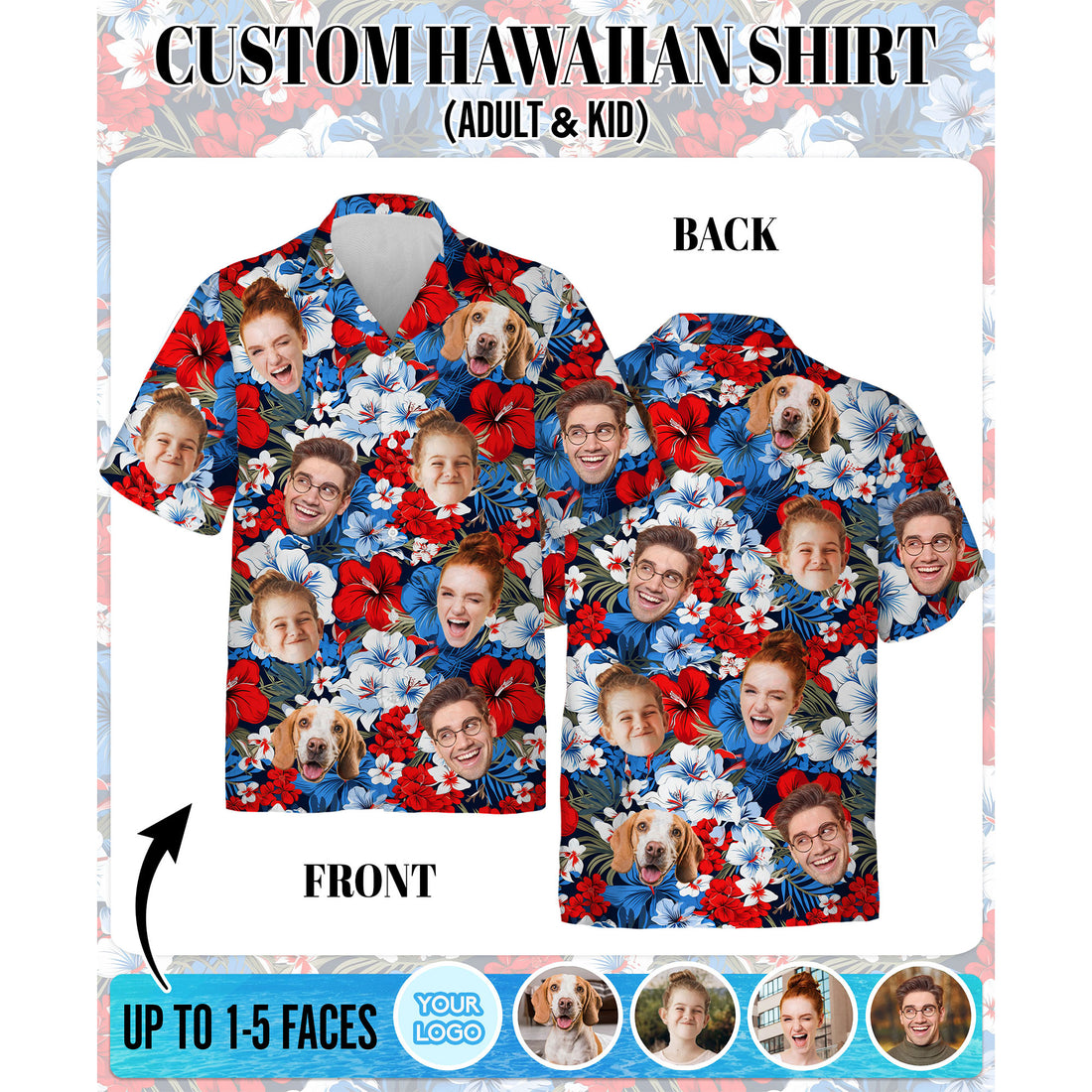 Custom Face Hawaiian Shirt, Personalized Retro Floral July 4th Shirt for Men, Patriotic Summer Vacation Shirt
