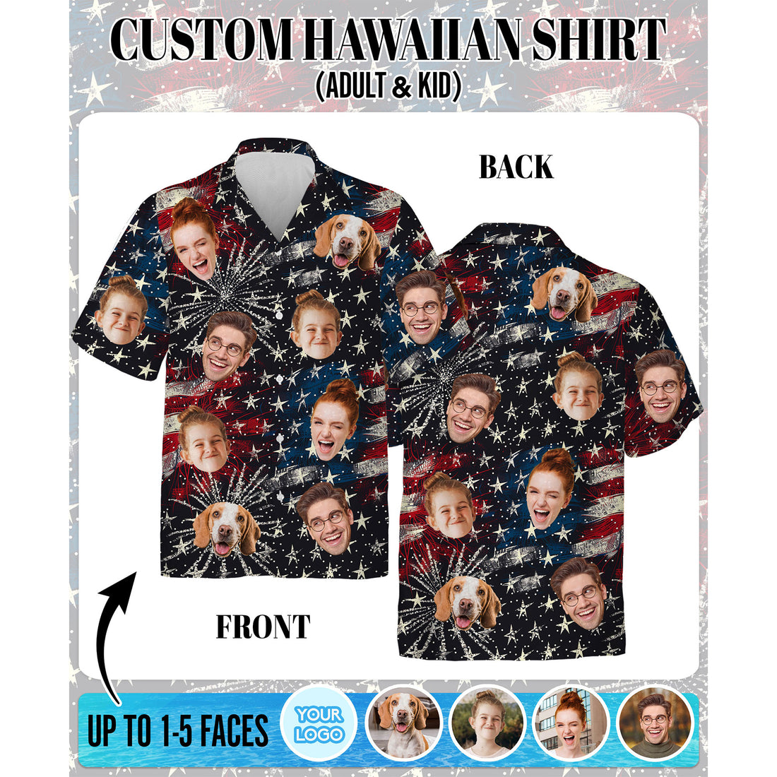 Custom Face Hawaiian Shirt, Personalized Firework & Star Celebration Shirt for Men, Funny Gift for Dad on 4th of July