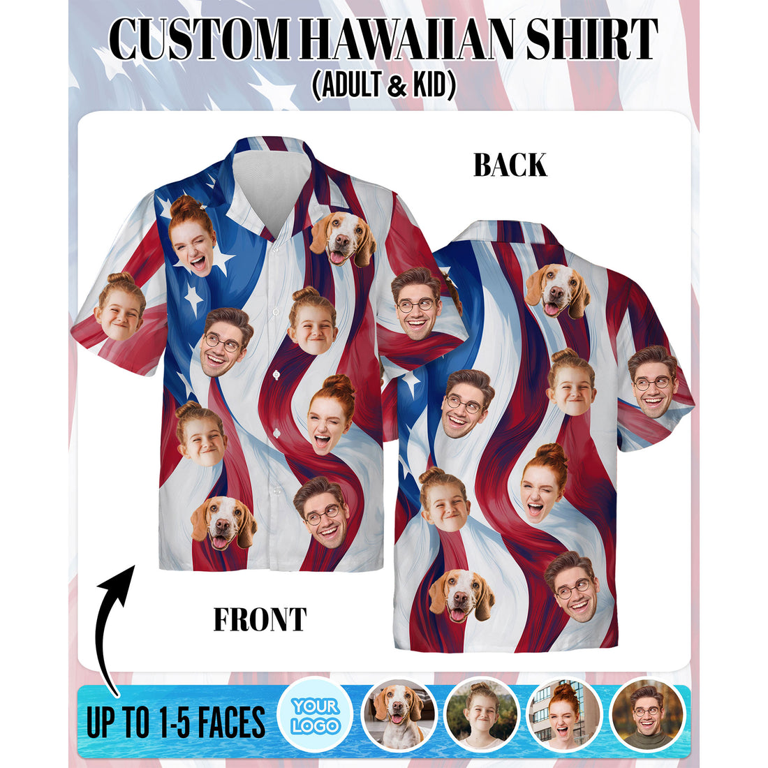 Custom Face Hawaiian Shirt, Personalized USA Flag Waves Shirt for Men, Minimalist Patriotic Shirt, July 4th Gift