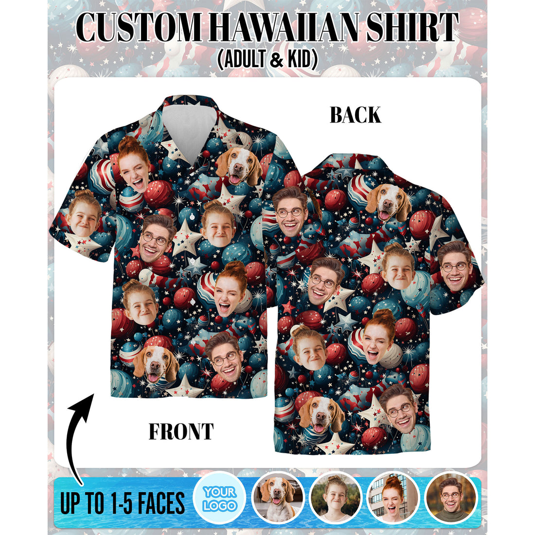 Custom Face Hawaiian Shirt, Personalized Star & Ornament Themed Shirt for Men, Unique 4th of July Gift
