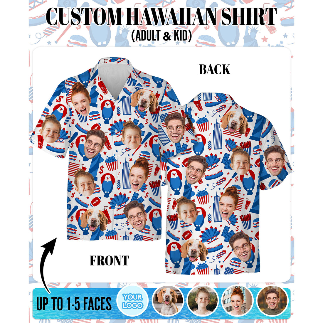 Personalized Face Print Hawaiian Shirt, Red Blue Star Shirt for Men, Summer Gift Idea, Thoughtful Custom Gift for Dad on Birthday or Anniversary