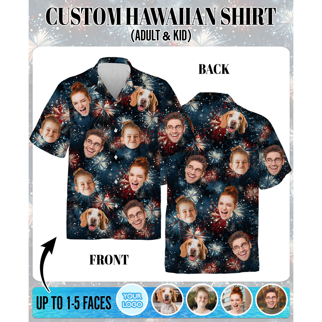 Custom Face Hawaiian Shirt, Personalized Fireworks Show Shirt for Men, Independence Day Celebration Shirt, Gift for Husband
