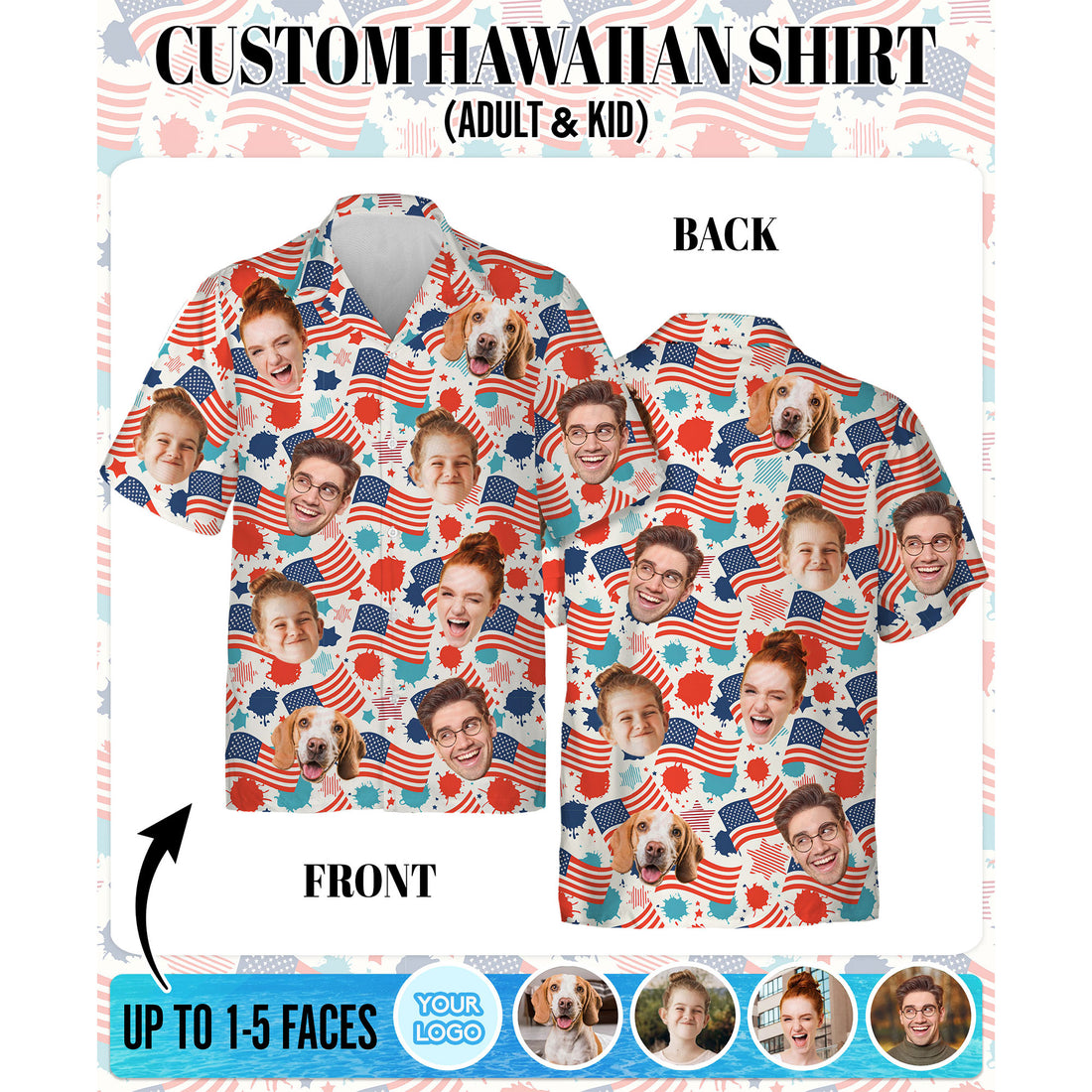 Custom Face Hawaiian Shirt, Personalized USA Flag Celebration Shirt for Men, Fun Gift for Father’s Day, Independence Day or Anniversary