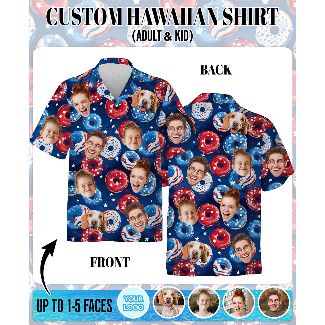 Custom Face Hawaiian Shirt, Personalized Donut and Stars Pattern Shirt for Men, Funny 4th of July Gift, Summer Shirt for Friends or Husband