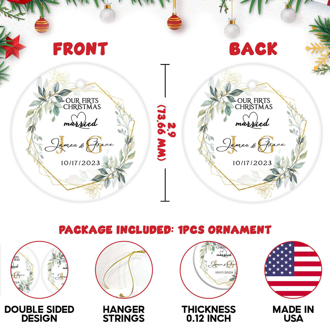 Personalized Engagement Christmas Ornament 2025 with Custom Photo, Our First Christmas Married Ornament 2025, 1St Christmas Married Gift for Wedding Gifts, Couples, Newlywed Gifts