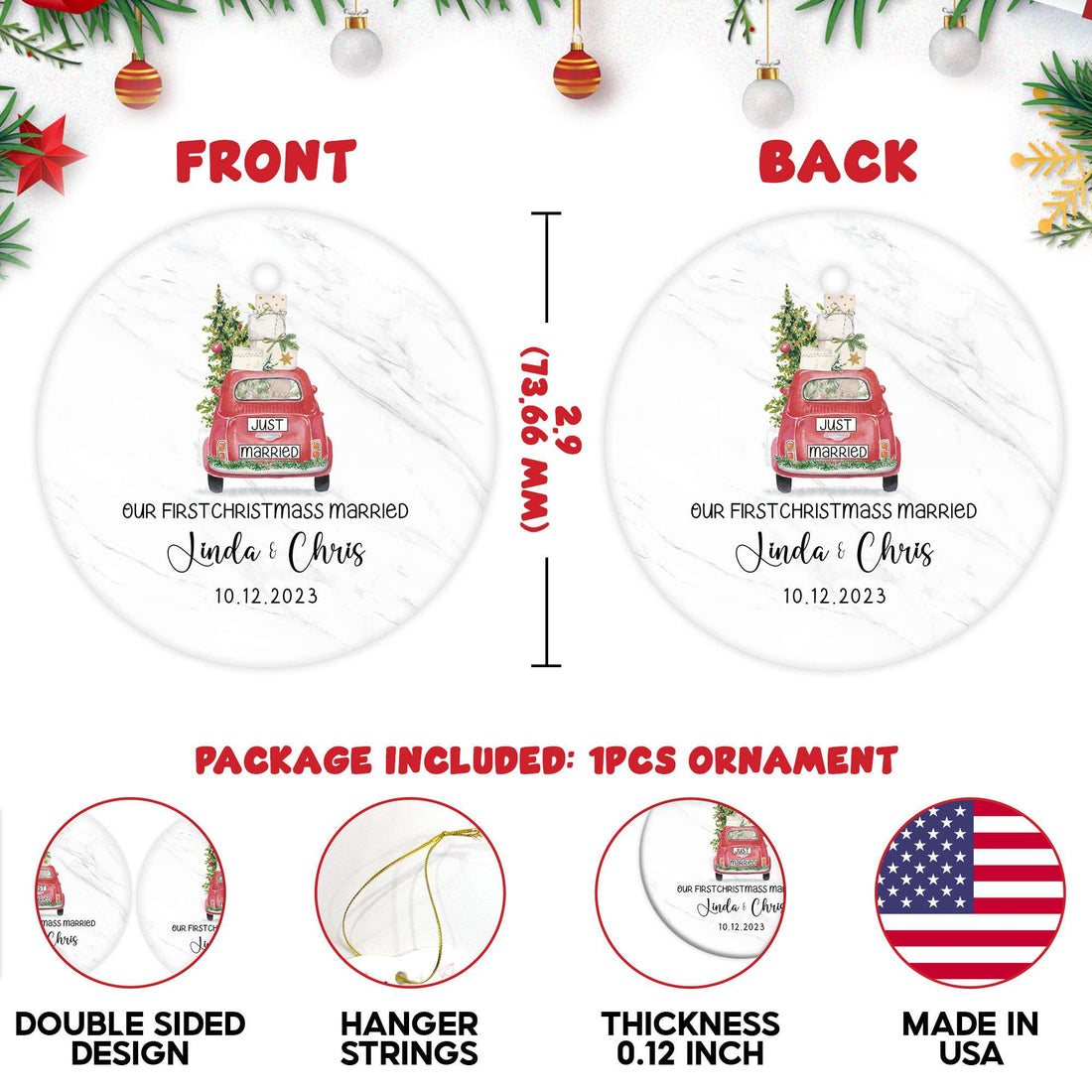 Personalized Our First Christmas Married Ornament 2025 with Custom Photo, Mr and Mrs Christmas Ornament 2025, Newlywed Gifts for Couple, Christmas Tree Decoration