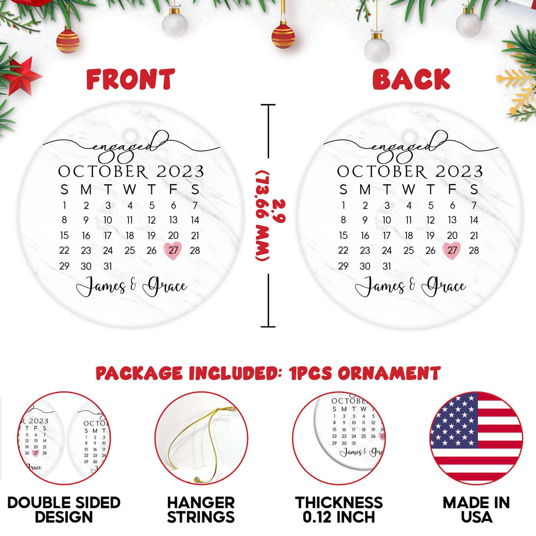 Personalized Engagement Christmas Ornament 2025, Mr and Mrs Christmas Ornament 2025, Custom Day Calendar Ornament, Wedding Gifts, Bridal Shower Gifts for Couples, Christmas Tree Decoration