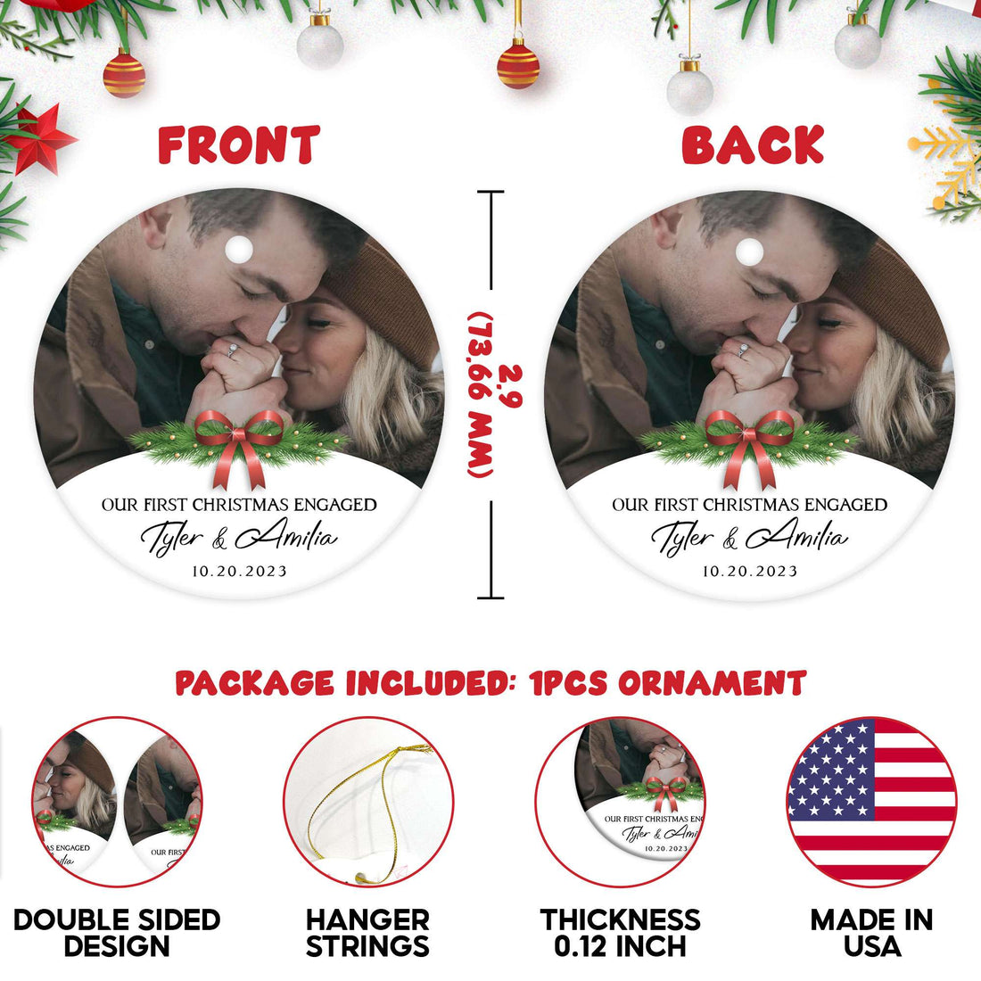 Personalized Engagement Christmas Ornament 2025 with Custom Photo, Our First Christmas Married Ornament 2025, 1St Christmas Married Gift for Wedding Gifts, Couples, Newlywed Gifts