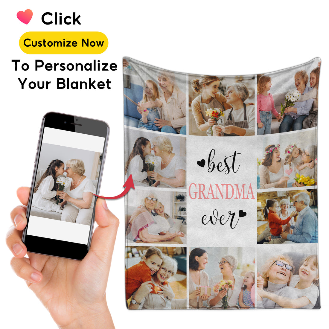 Custom Photo Collage Blanket, Best Grandma Ever Personalized Gift with Baby & Family Pictures, Mother’s Day Gift for New Moms