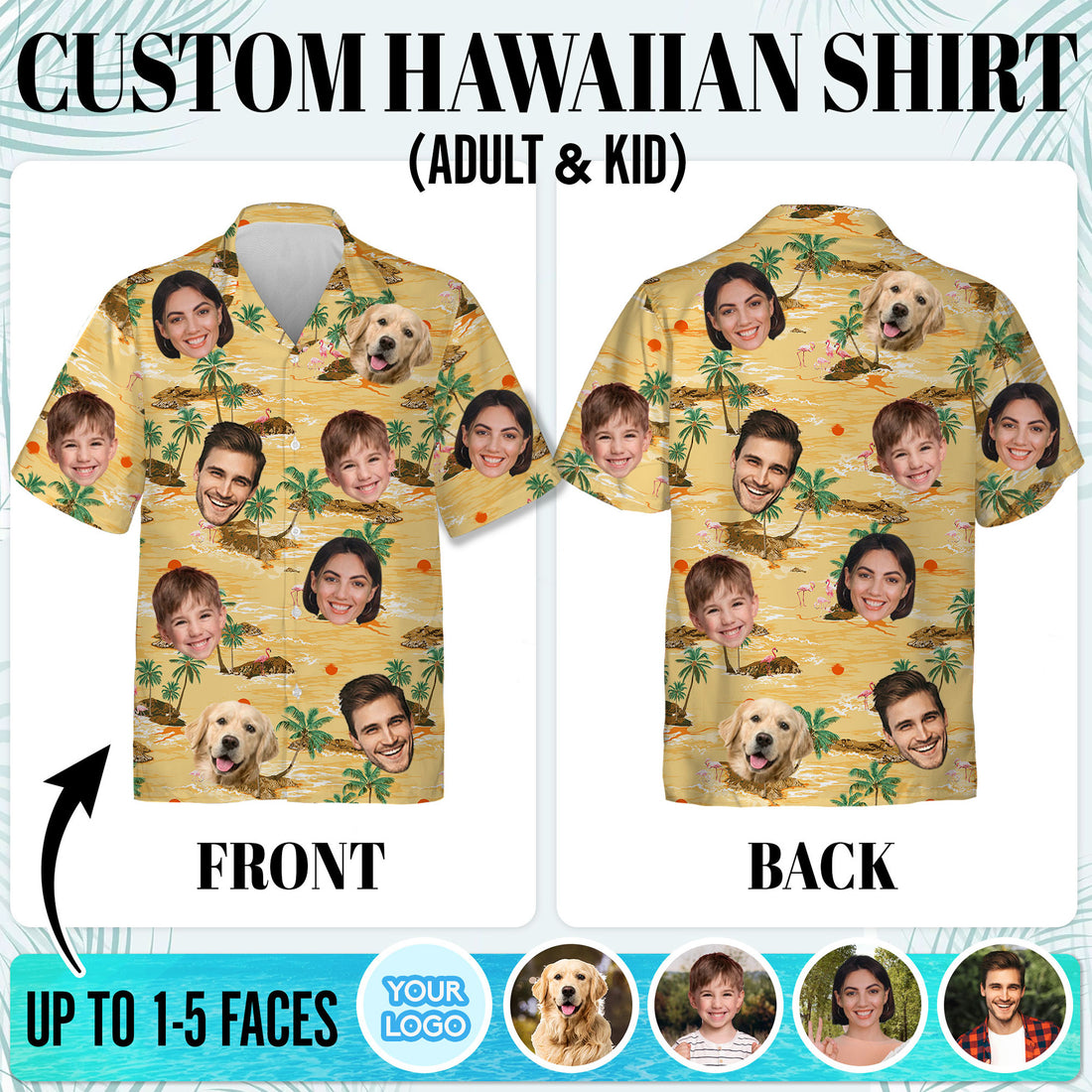 Custom Face Aloha Shirt for Men, Personalized Tropical Island Shirt with Family & Pet Faces, Beach Sunset Design, for Kids, Dads, and Husbands