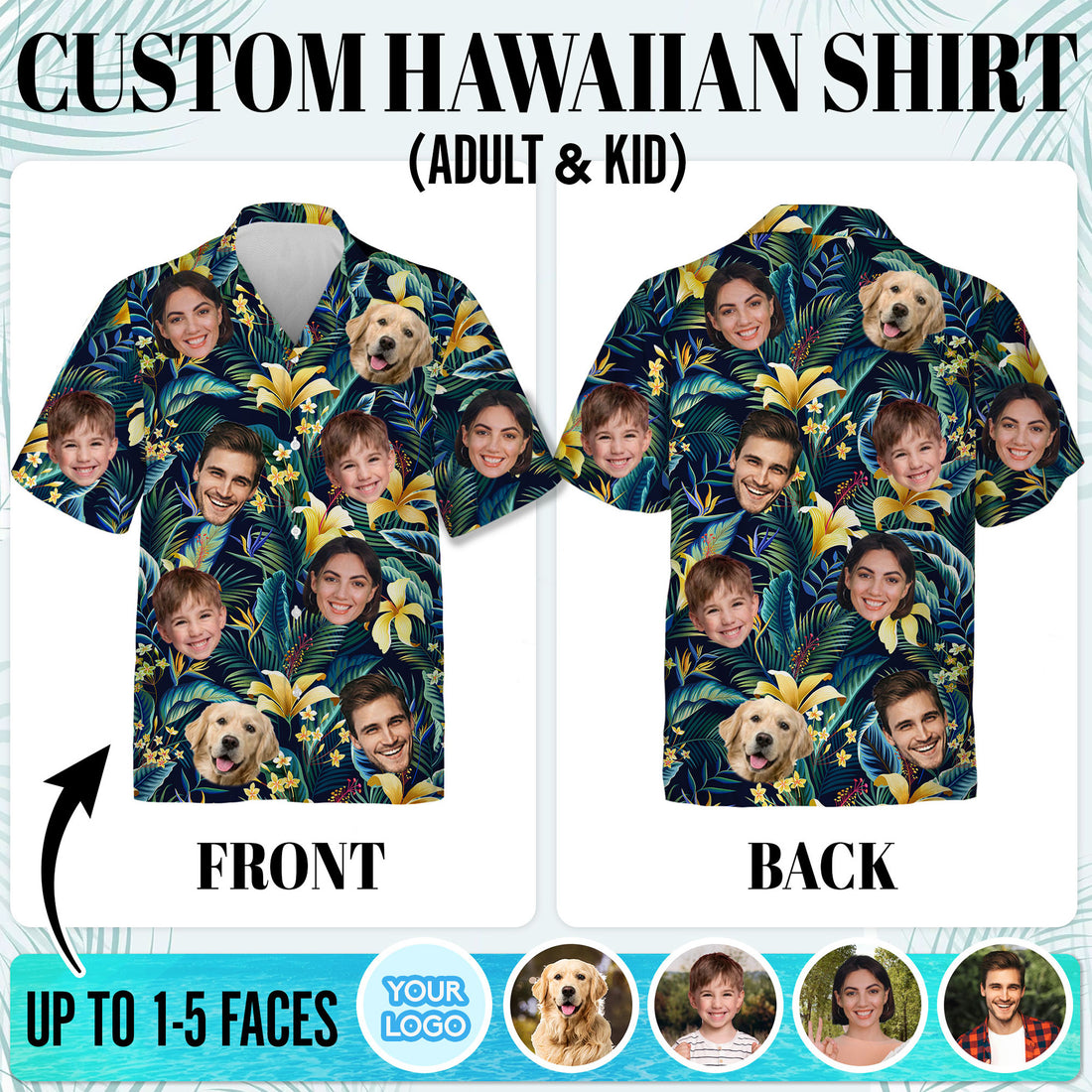 Custom Face Tropical Shirt, Personalized Yellow Lily, Jungle Leaves Hawaiian Shirt, Summer Vacation Gift, For Boyfriends, for Father’s Day or Holidays