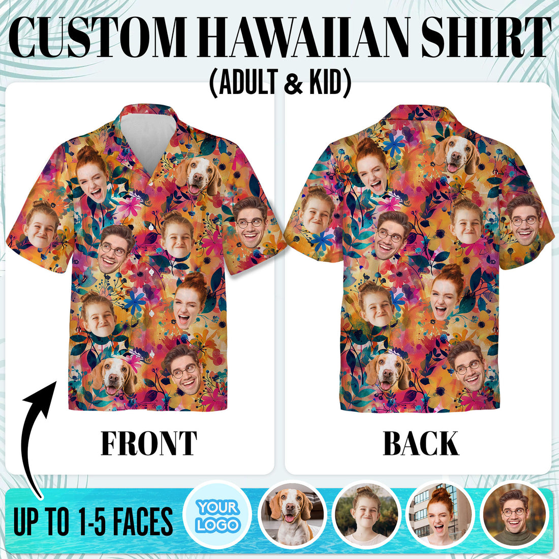 Custom Face Hawaiian Shirt, Personalized Tropical Floral Shirt with Family and Pet Faces, Funny Summer Vacation Gift for Men, for Dads, and Friends