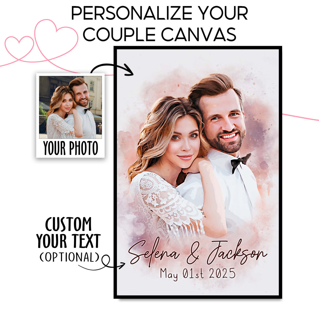 Custom Watercolor Portrait from Photo, Personalized Wedding Picture Frame for Couples, Engagement Picture Frame for Couples