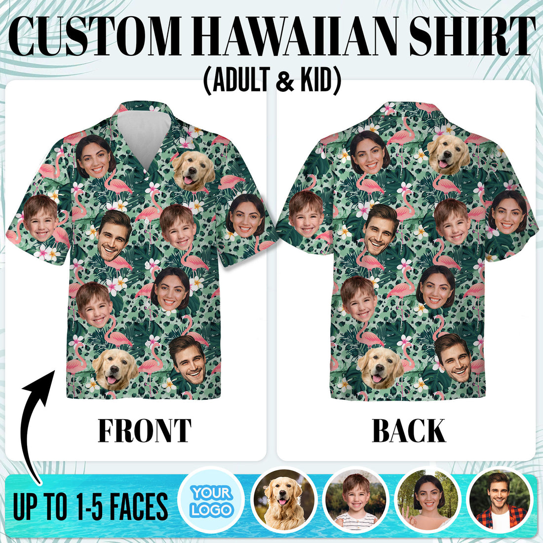 Custom Flamingo Hawaiian Shirt with Faces, Personalized Family Vacation Aloha Shirt with Pets & Tropical Flowers, Perfect for Beach Trips, Birthdays