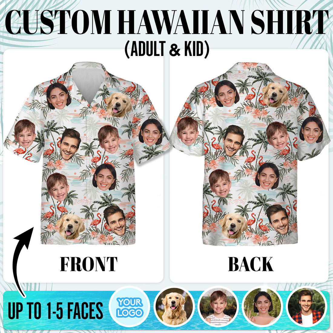 Custom Face Hawaiian Shirt, Personalized Flamingo & Palm Tree Aloha Beach Shirt, Family Vacation Gift, for Women & Husbands, for Beach, Anniversaries