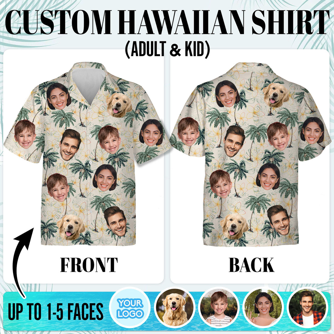 Custom Face Hawaiian Shirt for Men, Personalized Vacation Shirt with Family & Pet Faces, Palm Tree, for Dads, and Husbands, Gift for Anniversaries