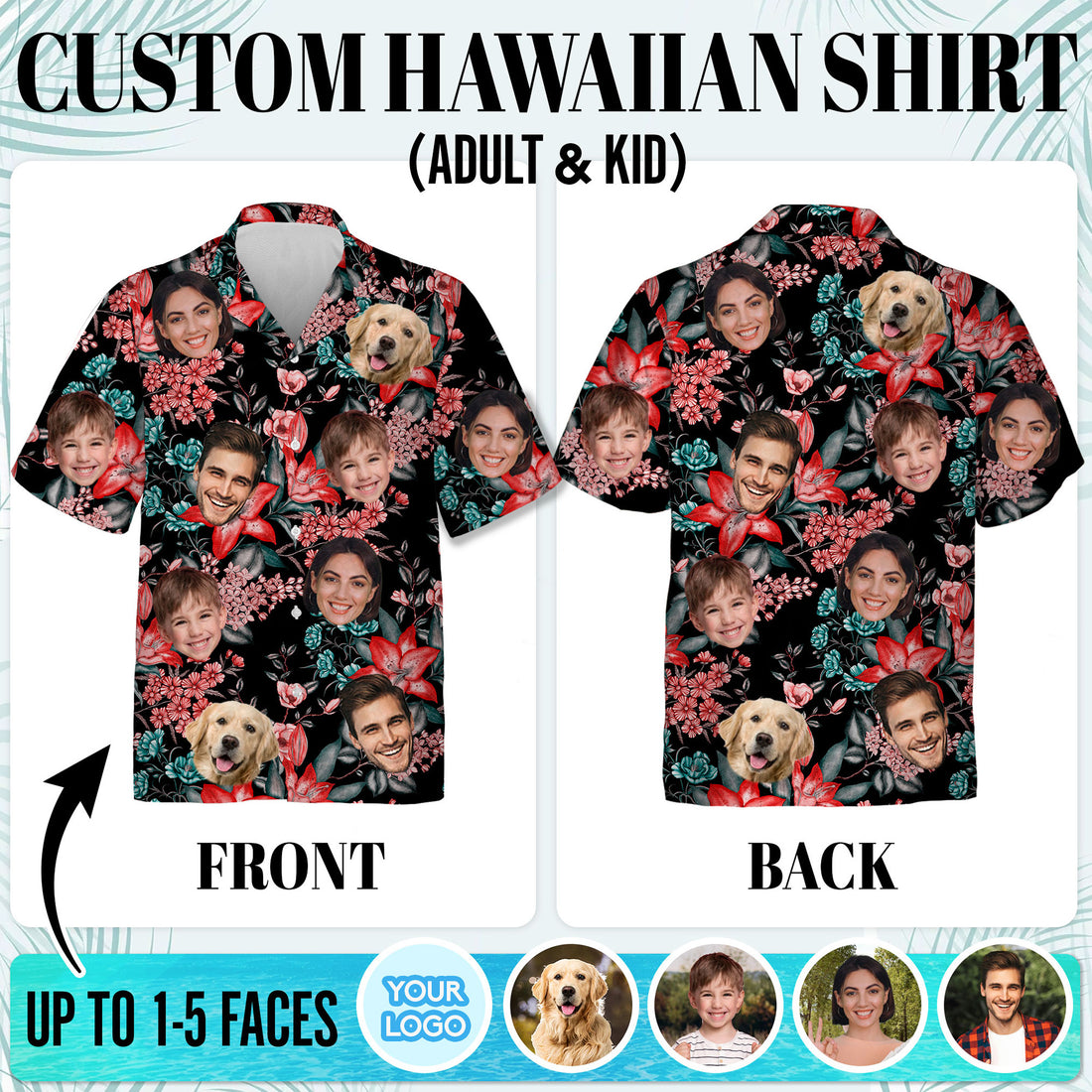 Custom Face Shirt, Personalized Black Floral Hawaiian Shirt for Men, for Friends & Husbands, Perfect Gift for Vacations, Birthdays, or Father’s Day