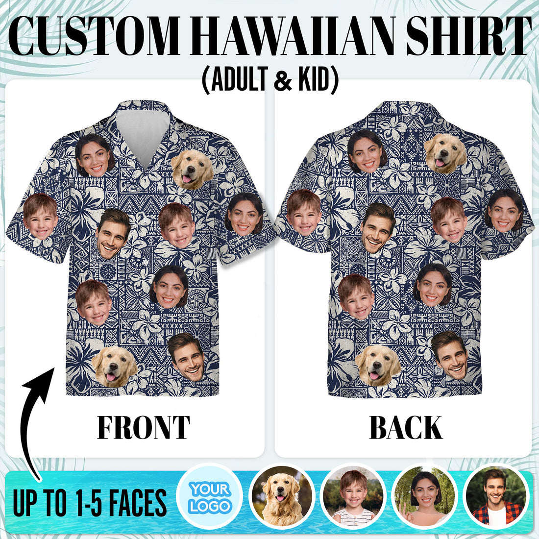 Custom Face Hawaiian Shirt for Men, Personalized Aloha Shirt with Family & Pet Faces, Blue Tribal Floral Print, Gift for Birthdays, or Vacations
