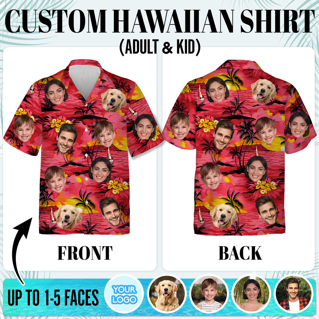Custom Face Shirt, Personalized Sunset Hawaiian Shirt for Men, Tropical Beach Vacation Gift, For Men & Youth, for Summer or Anniversaries