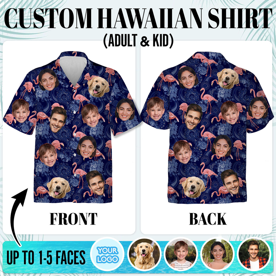 Custom Face Hawaiian Shirt, Personalized Flamingo Family Photo Shirt, For Men, Dads, and Friends, Gift for Birthdays, Vacations, or Anniversaries