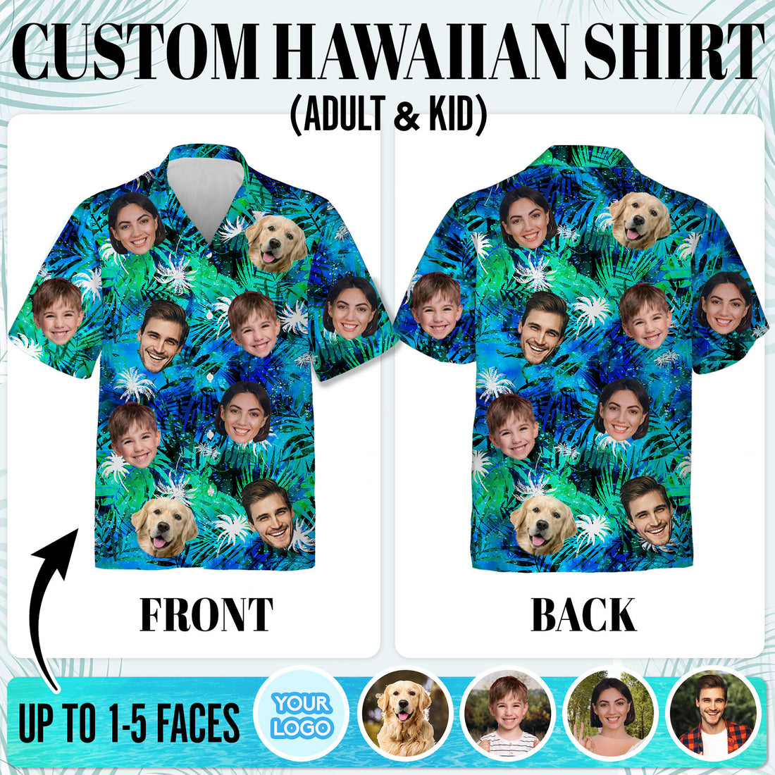 Custom Tropical Blue Hawaiian Shirt with Faces, Personalized Family Beach Vacation Shirt with Pet Photo, for Boyfriends, Husbands, for Special Days