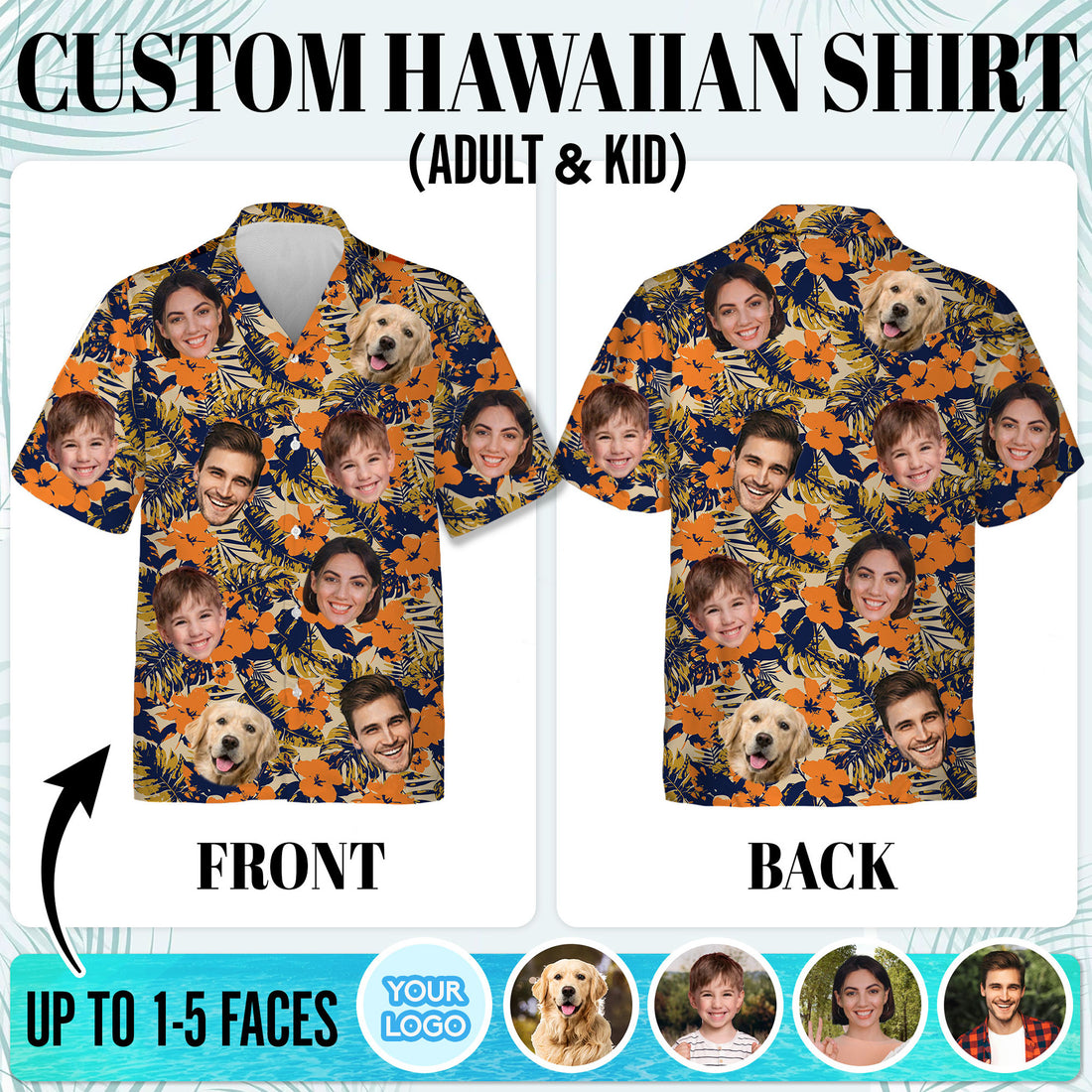Custom Face Hawaiian Shirt, Personalized Orange Tropical Flower Shirt for Men, Funny Summer Vacation Gift, For Dads & Kids, For Father’s Day