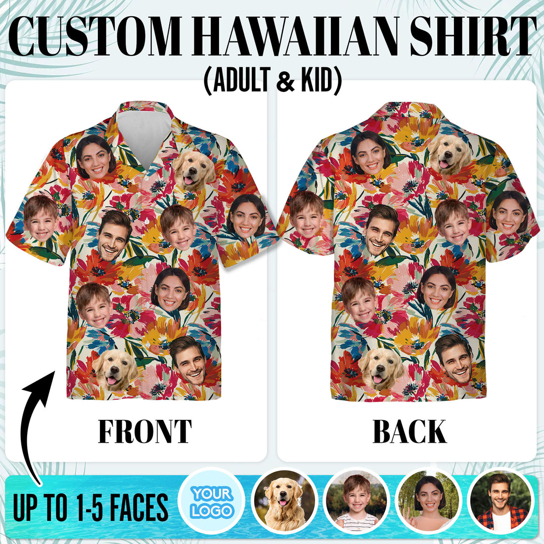 Custom Face Shirt, Personalized Colorful Floral Hawaiian Shirt for Men, Summer Vacation Gift, For Kids & Dads, Family Trips or Birthday Celebrations