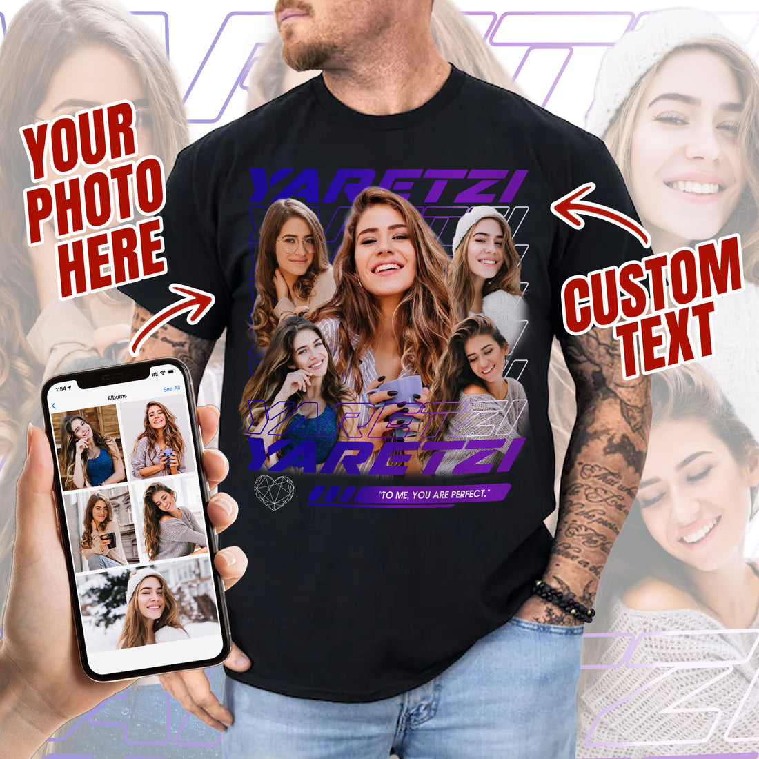 Custom Face Bootleg Tee for Women & Men, Vintage Style Shirt with Photos & Text