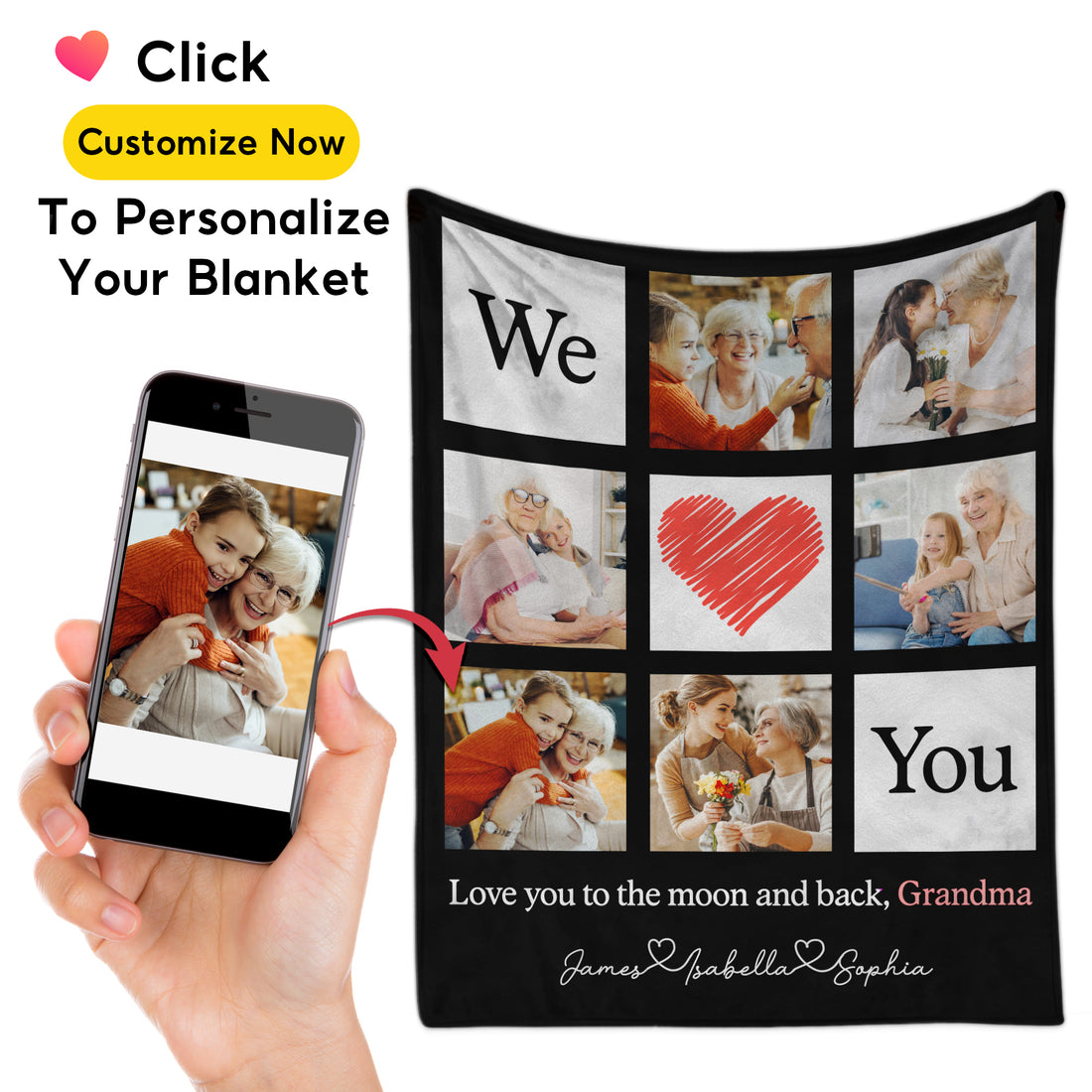Custom Photo Collage Blanket, Personalized Grandma Blanket with Kids' Names and Pictures, Floral Mother's Day Gift for Mom or Grandma
