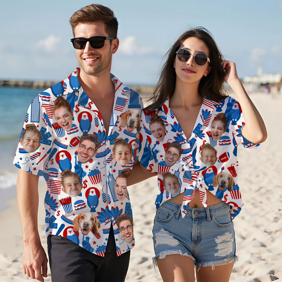 Personalized Face Print Hawaiian Shirt, Red Blue Star Shirt for Men, Summer Gift Idea, Thoughtful Custom Gift for Dad on Birthday or Anniversary
