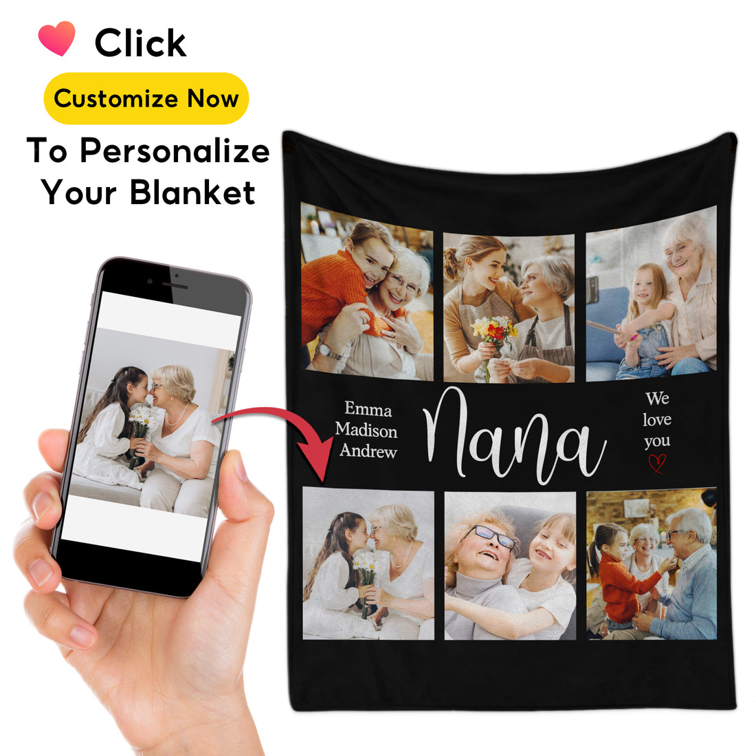 Custom Photo Collage Blanket, Best Grandma Ever Personalized Blanket with Kids' Names and Pictures, Mother's Day Gift for Mom or Grandma