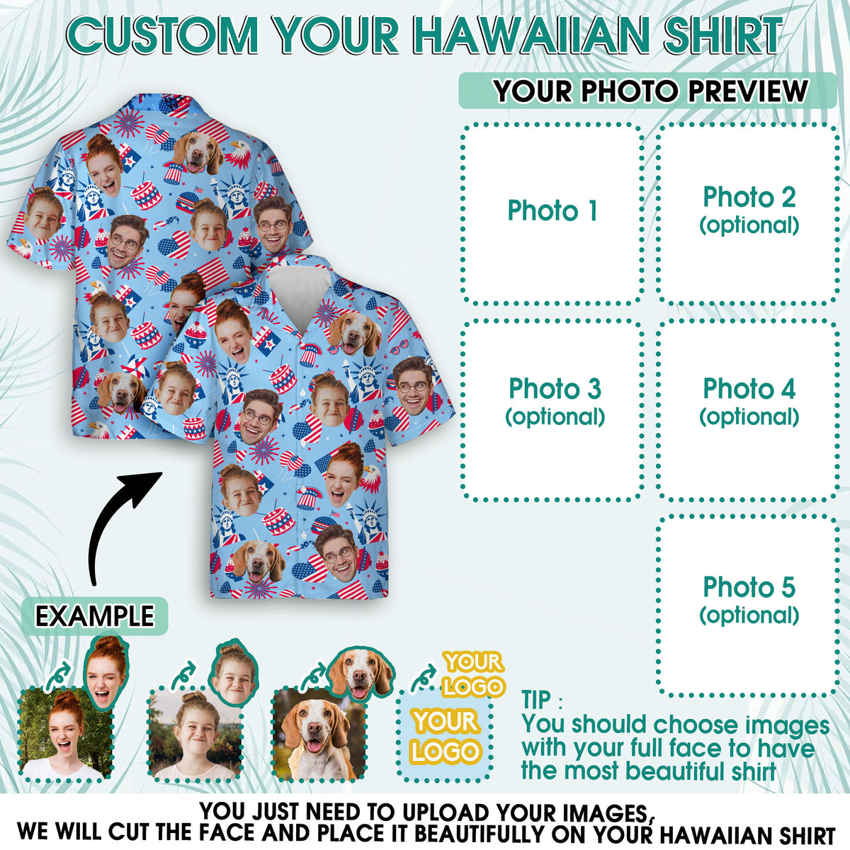 Custom Face Hawaiian Shirt, Personalized Independence Day Shirt for Men, USA Flag Shirt, Unique Gift for Dad or Friends
