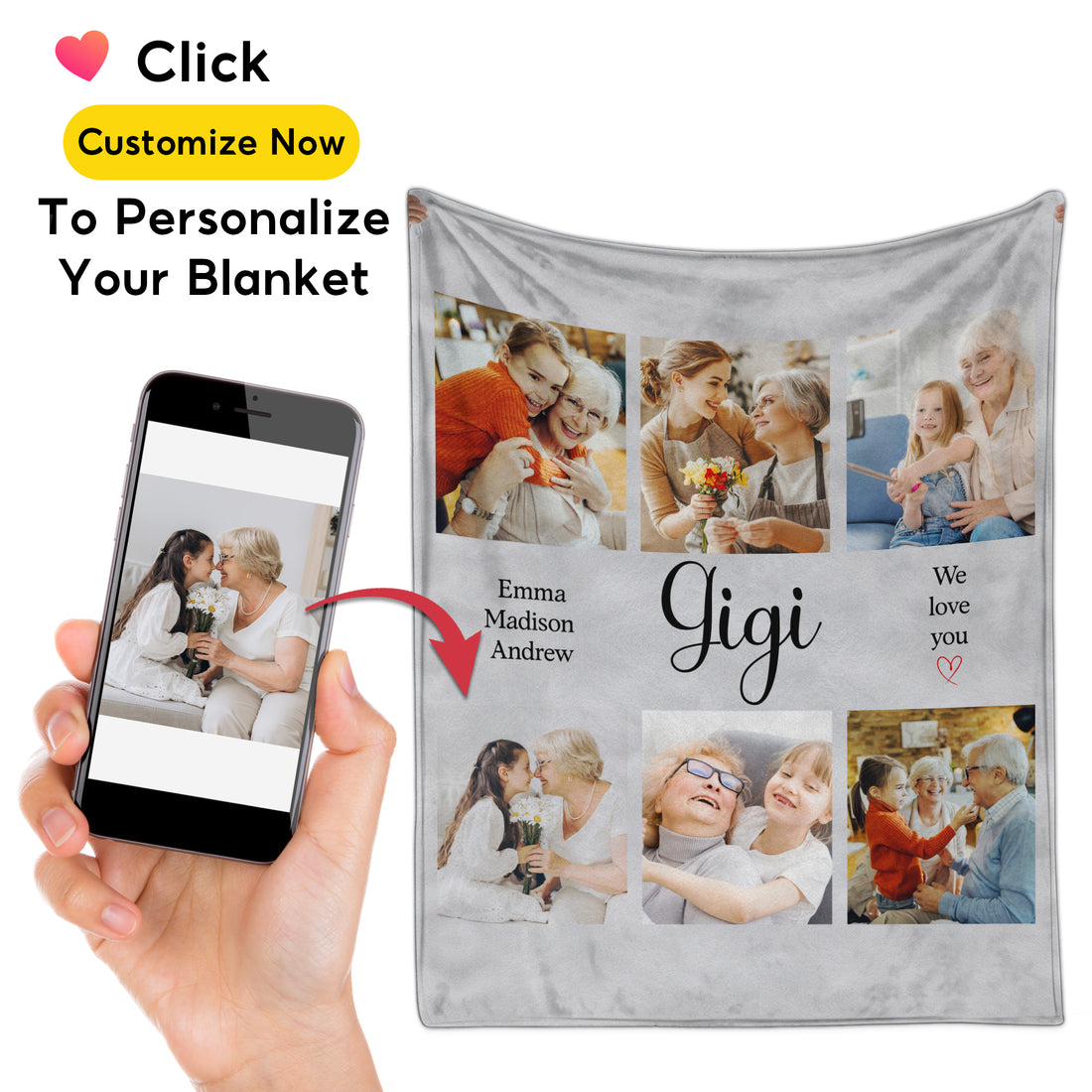 Custom Photo Collage Blanket, Personalized Grandma Blanket with Family Pictures and Names, Happy Mother's Day Gift for Mom or Grandma