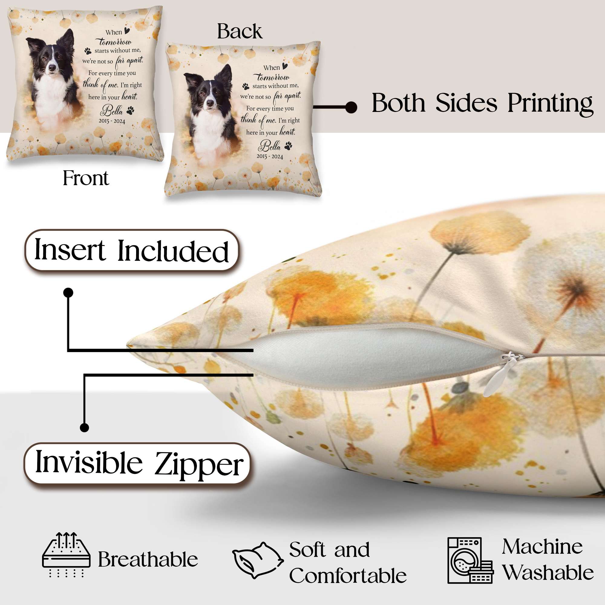 Personalized Pet Memorial Pillow with Photo, Dog Memorial Gifts for Loss of Dog, Pet Loss Gifts Dog, in Memory of Dog Gifts