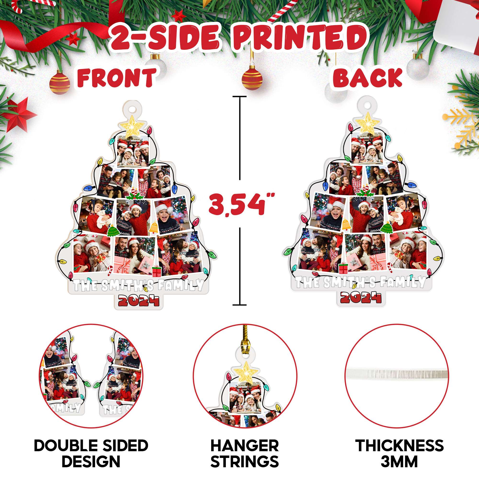 Custom Christmas Tree Ornaments 2024, Personalized Photo Family Tree Christmas Ornament, Acrylic Photo Christmas Ornaments