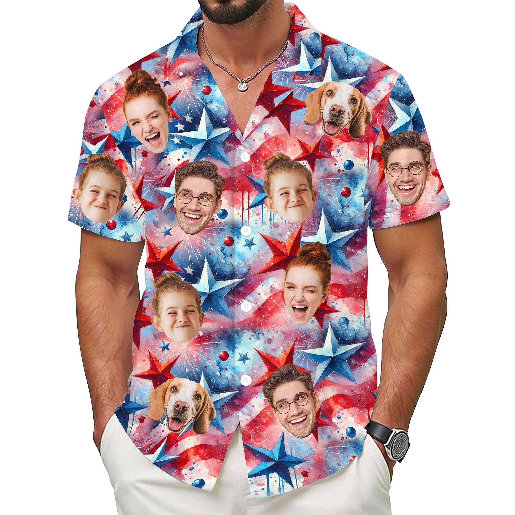 Custom Face Hawaiian Shirt, Personalized Red White Blue Star Shirt for Men, Fun Summer Gift, A Unique Gift for Dad or Husband on Father’s Day or Vacation