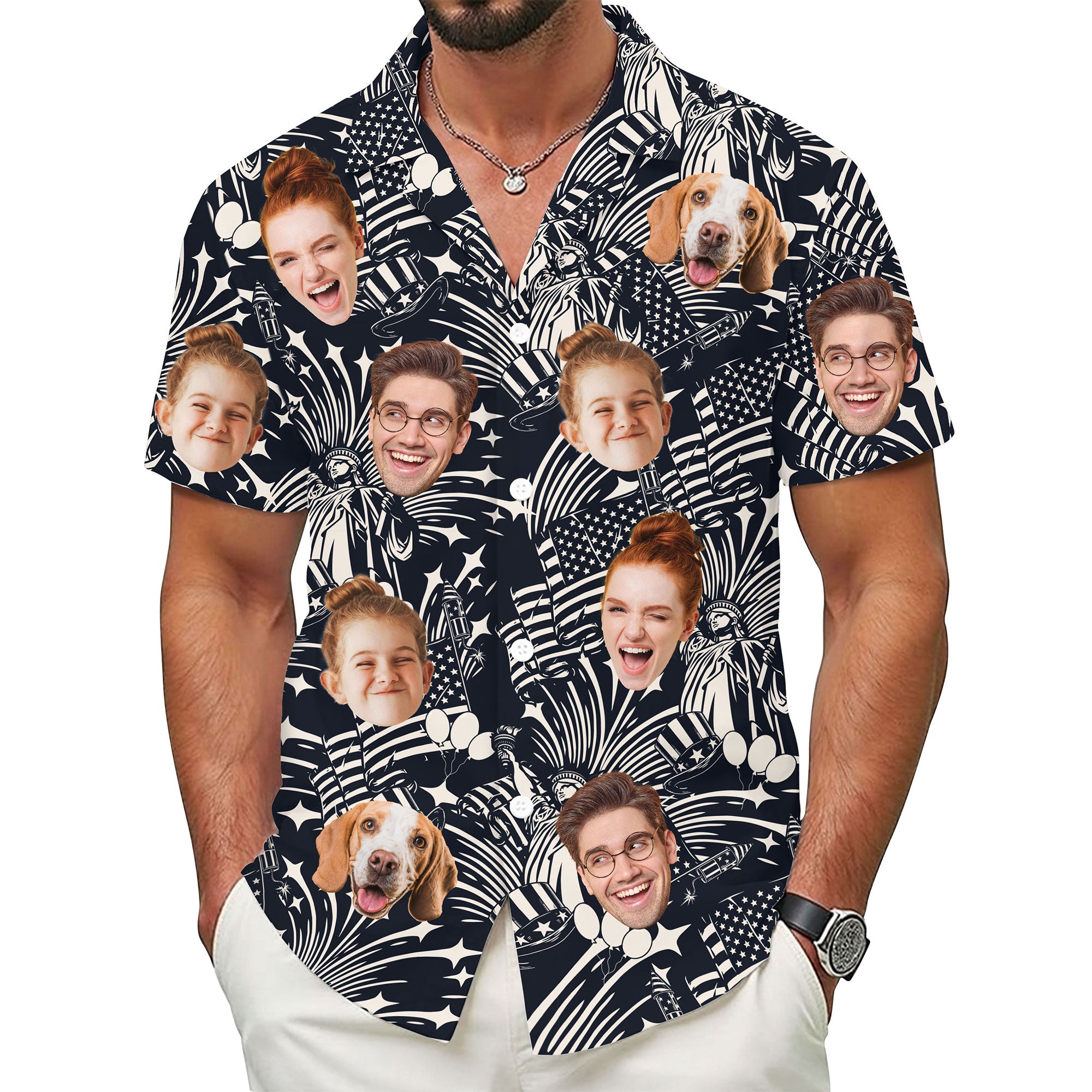 Custom Face Hawaiian Shirt, Personalized Patriotic Black & White Print Shirt for Men, Funny Gift for Dad, July 4th Celebration